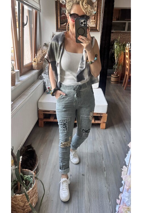 İtaliana Leopar Desen Pul Detaylı Sihirli Pantolon Haki Yeşil