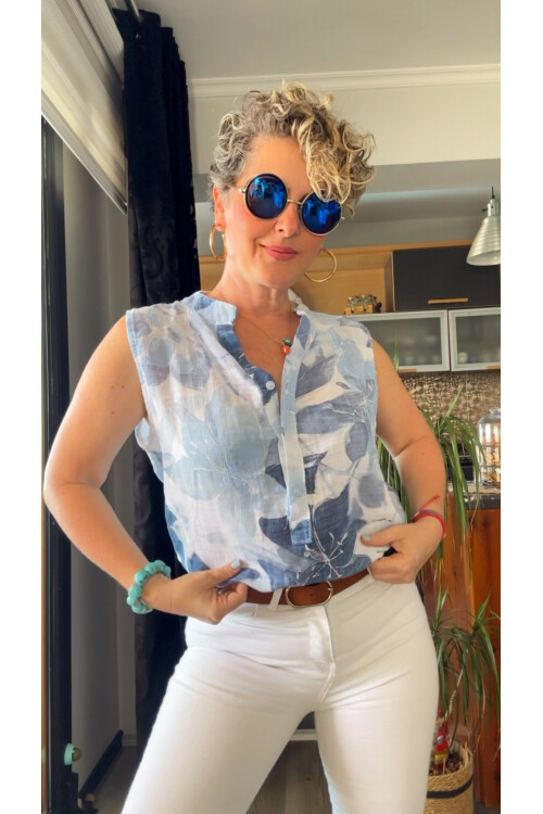 Mambo Lotus Desen Sıfır Kol İtalyan Bluz