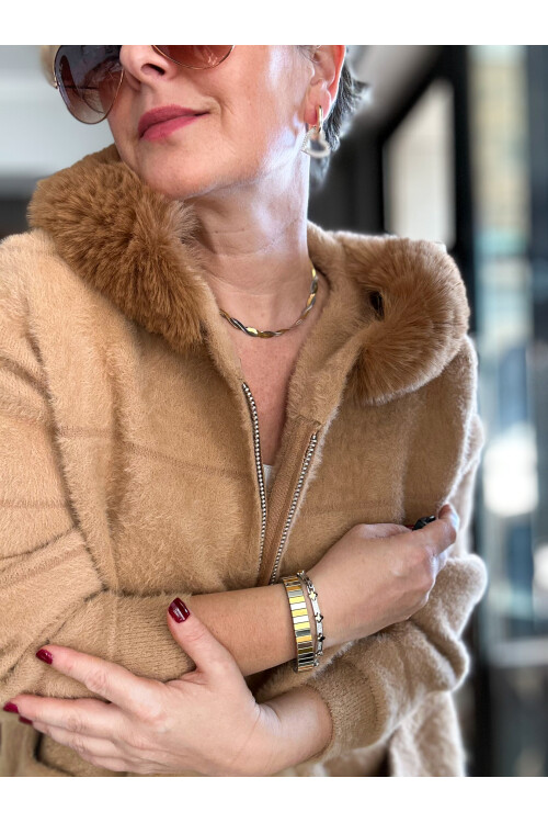 Montel İthal Angore Kürk Kapşon Çizgi Detay Ceket Camel