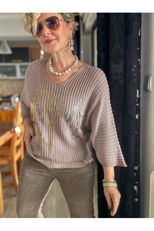 Nando İtalyan Varak Love Baskılı Triko Pudra