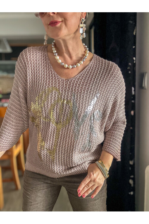 Nando İtalyan Varak Love Baskılı Triko Pudra