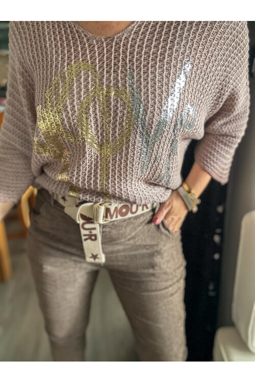 Nando İtalyan Varak Love Baskılı Triko Pudra