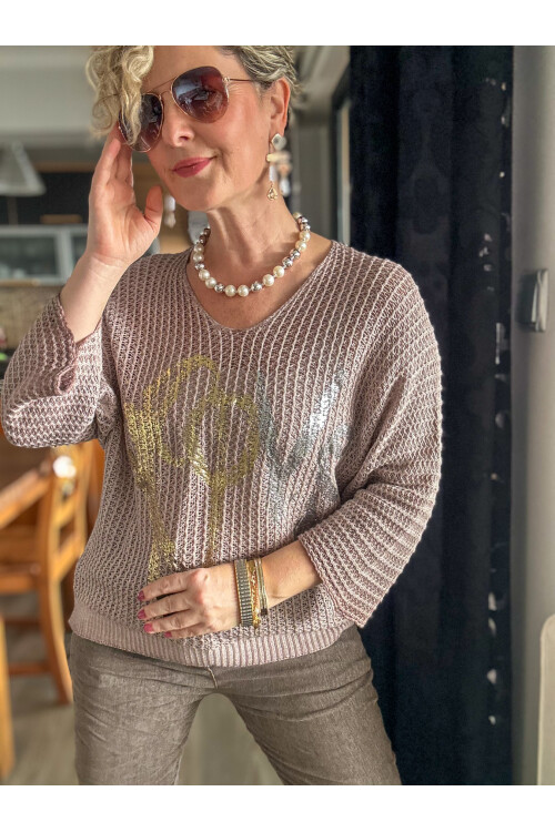 Nando İtalyan Varak Love Baskılı Triko Pudra