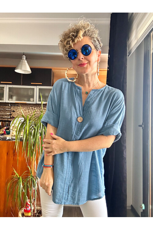 Papri İtalyan Tahta Düğme Detay Bluz Gök Mavi