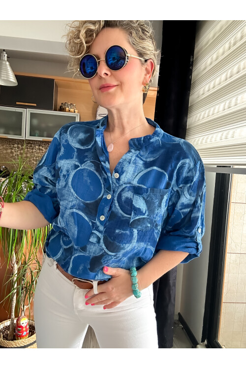 Picci Baloncuk Desen Sax Mavi Desenli İtalyan Gömlek