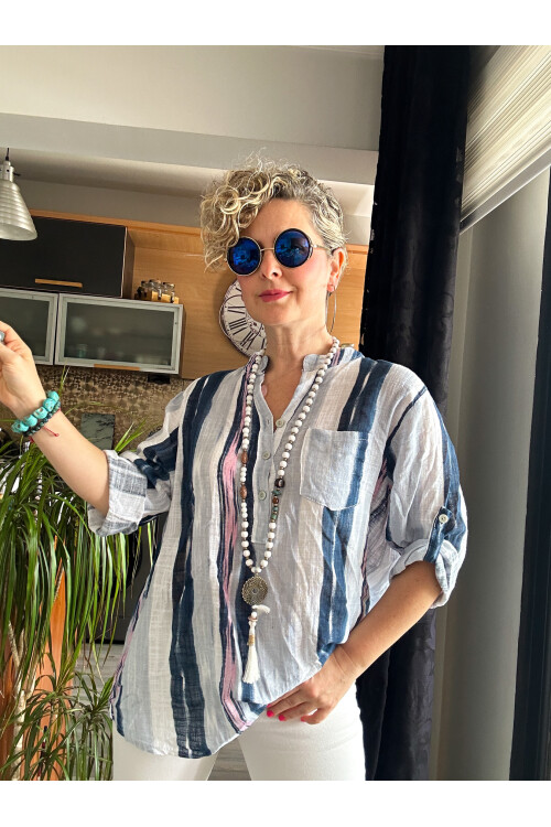 Picci Çizgi Desen Beyaz Desenli İtalyan Gömlek