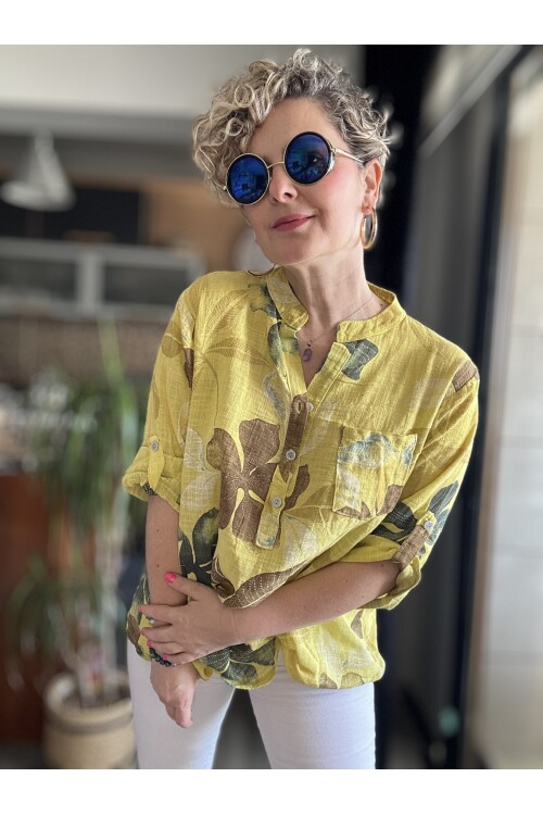 Picci Yaprak Desen Sarı Desenli İtalyan Gömlek