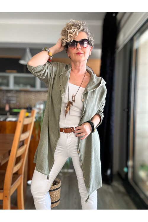 Que Tasarım Arka Star Pul Detay Kapşon Ceket Haki Yeşil