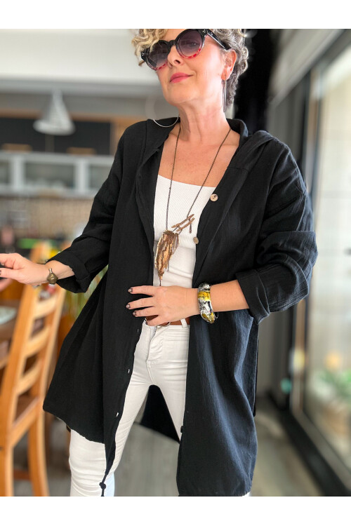 Que Tasarım Arka Star Pul Detay Kapşon Ceket Siyah