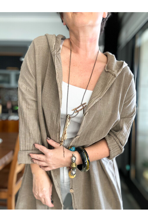 Que Tasarım Arka Star Pul Detay Kapşon Ceket Vizon