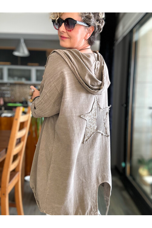 Que Tasarım Arka Star Pul Detay Kapşon Ceket Vizon