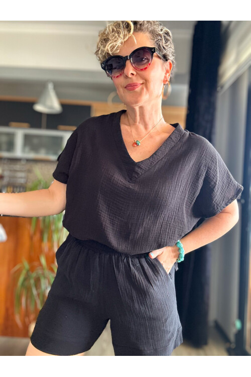 Siena Müslin Şort Bluz Takım Siyah
