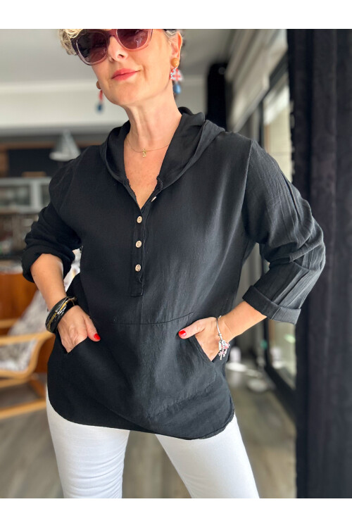 Toby Tasarım Kanguru Cep Kapşon Detay Bluz Siyah