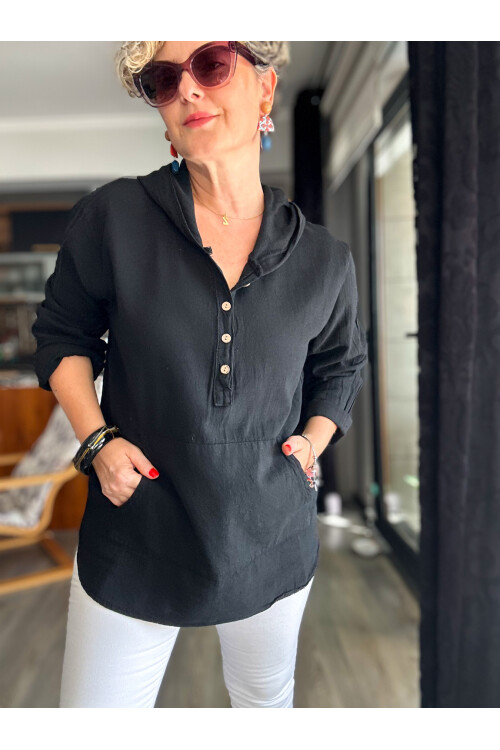 Toby Tasarım Kanguru Cep Kapşon Detay Bluz Siyah