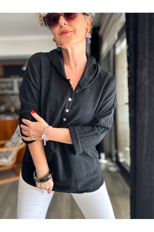 Toby Tasarım Kanguru Cep Kapşon Detay Bluz Siyah