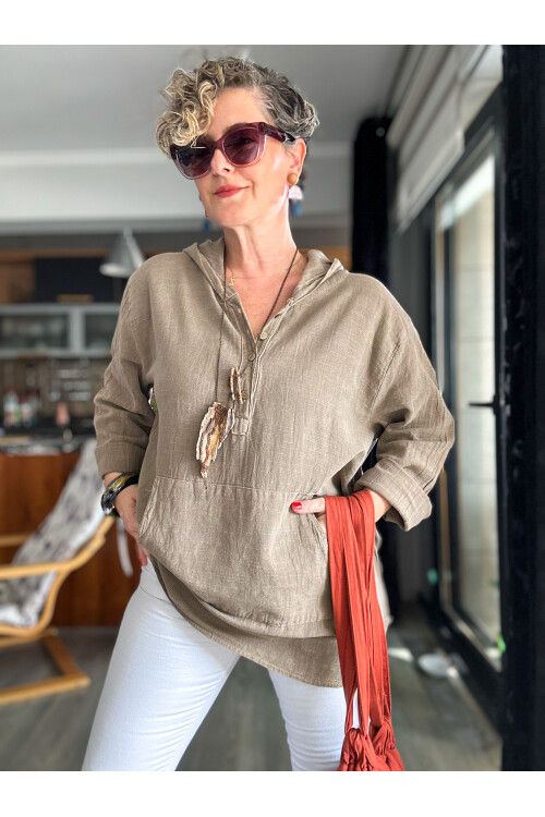 Toby Tasarım Kanguru Cep Kapşon Detay Bluz Vizon