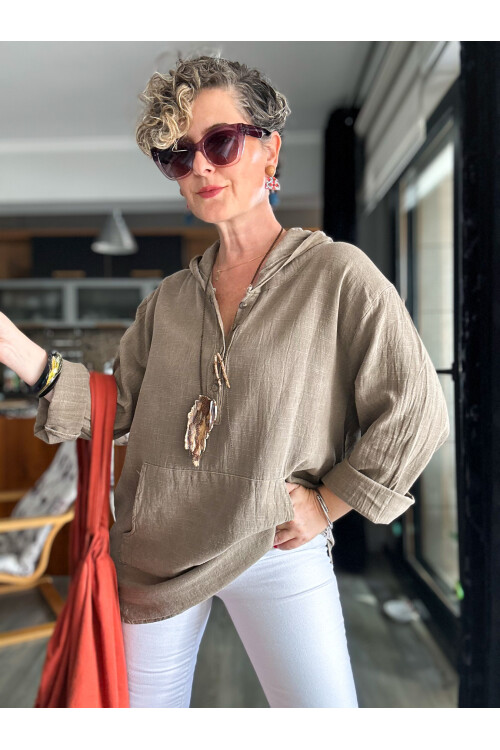 Toby Tasarım Kanguru Cep Kapşon Detay Bluz Vizon