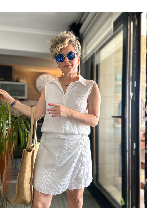 Verte Tasarım Şort Etek Bluz Takım Beyaz