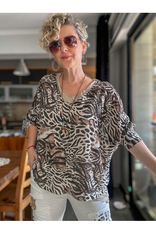 Vino İtalyan Kaplan Desen Kolyeli Bluz Takım Beige