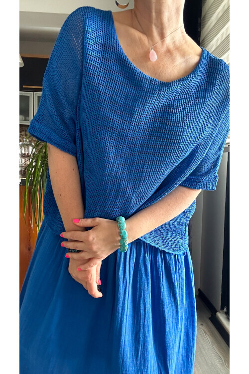 Abitare İtalyan Fisto File Detay Vip Elbise Saks Mavi