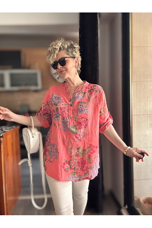 Alto Ortanca Desen İtalyan Gömlek Mercan