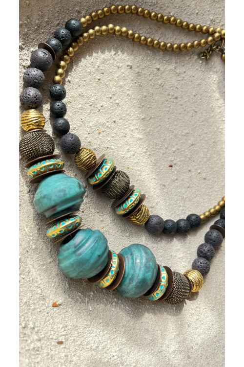 Anella Pirinç Doğal Taş Etnik Kolye Mavi