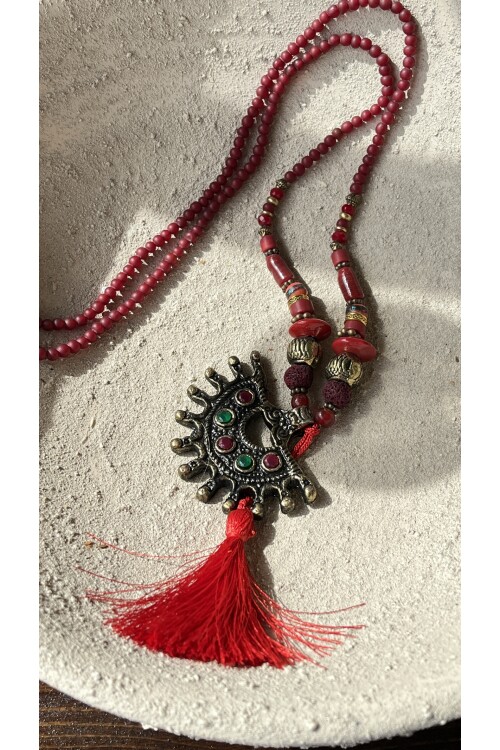 Aranya Pirinç Cam Etnik Kolye