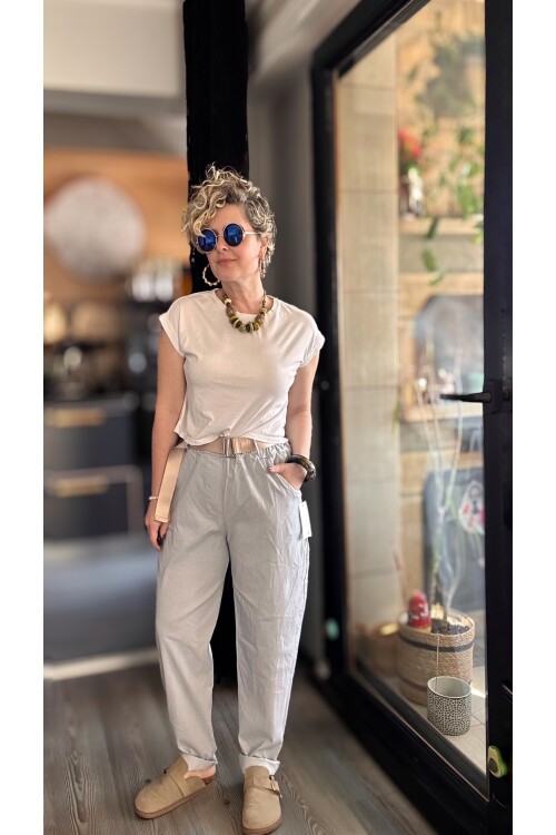 Betty İtalyan Balon Kemerli Pantolon Açık Gri