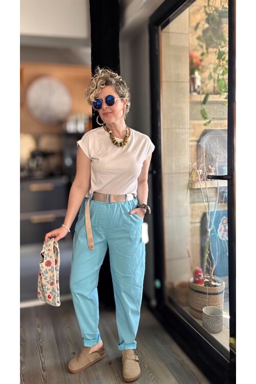 Betty İtalyan Balon Kemerli Pantolon Bebe Mavi