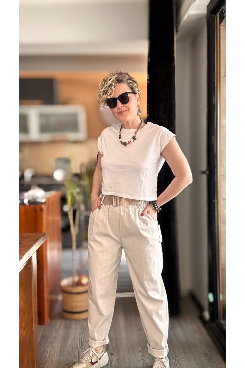 Betty İtalyan Balon Kemerli Pantolon Beige