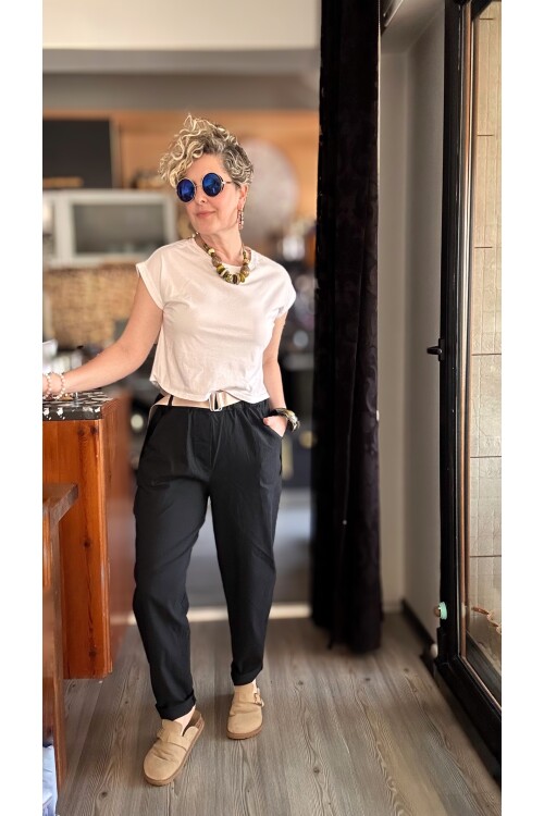 Betty İtalyan Balon Kemerli Pantolon Siyah