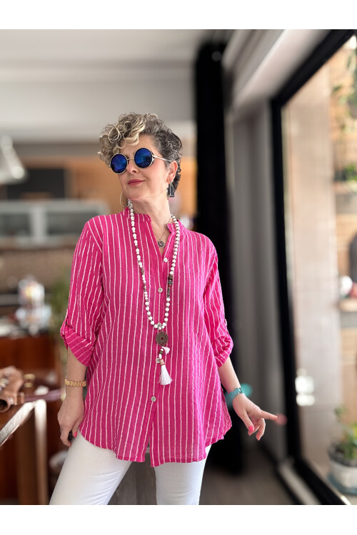 Bippa Çizgili Desen İtalyan Gömlek Fuşya
