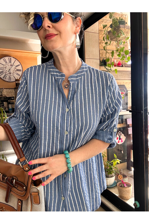 Bippa Çizgili Desen İtalyan Gömlek İndigo