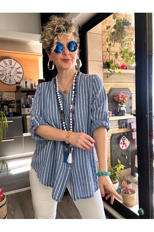 Bippa Çizgili Desen İtalyan Gömlek İndigo