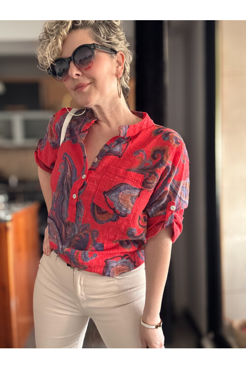 Cassa Yaprak Desen İtalyan Gömlek Kırmızı
