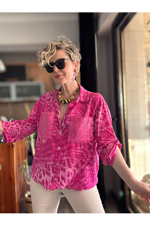 Cento Leopar Pul Detaylı Tasarım Gömlek Fuşya