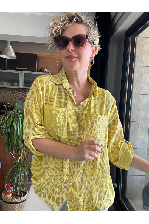 Cento Leopar Pul Detaylı Tasarım Gömlek Limon Küfü