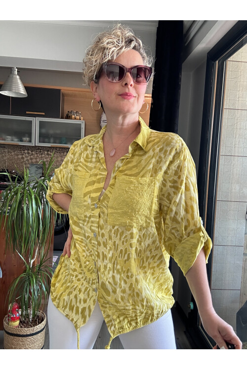 Cento Leopar Pul Detaylı Tasarım Gömlek Limon Küfü