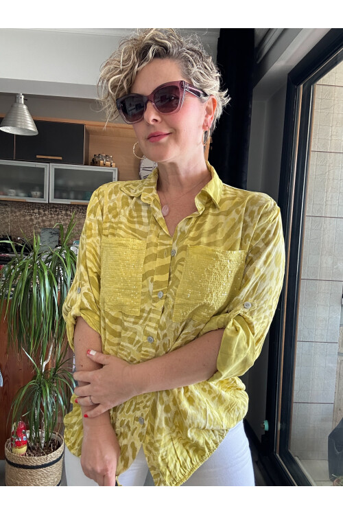 Cento Leopar Pul Detaylı Tasarım Gömlek Limon Küfü