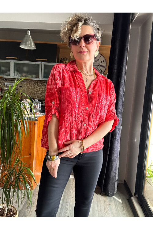 Cento Leopar Pul Detaylı Tasarım Gömlek Nar Çiçeği