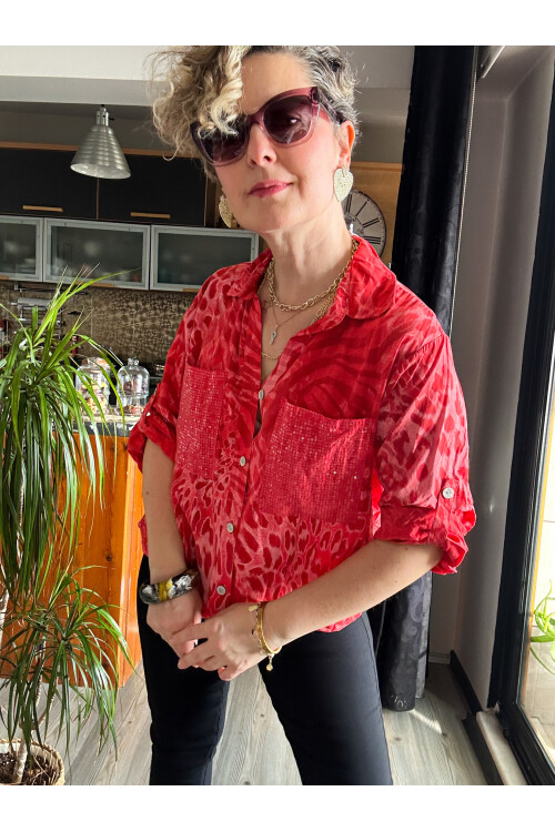 Cento Leopar Pul Detaylı Tasarım Gömlek Nar Çiçeği