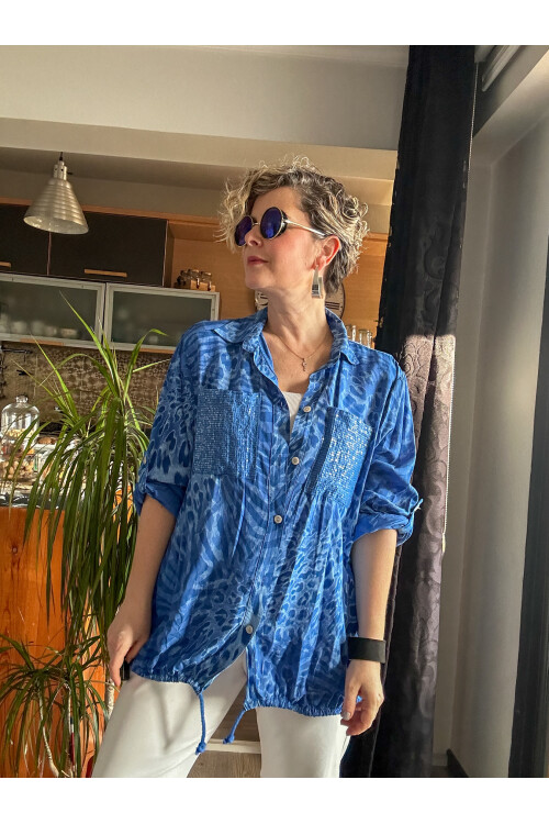 Cento Leopar Pul Detaylı Tasarım Gömlek Saks Mavi
