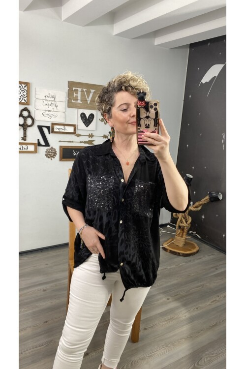 Cento Leopar Pul Detaylı Tasarım Gömlek Siyah