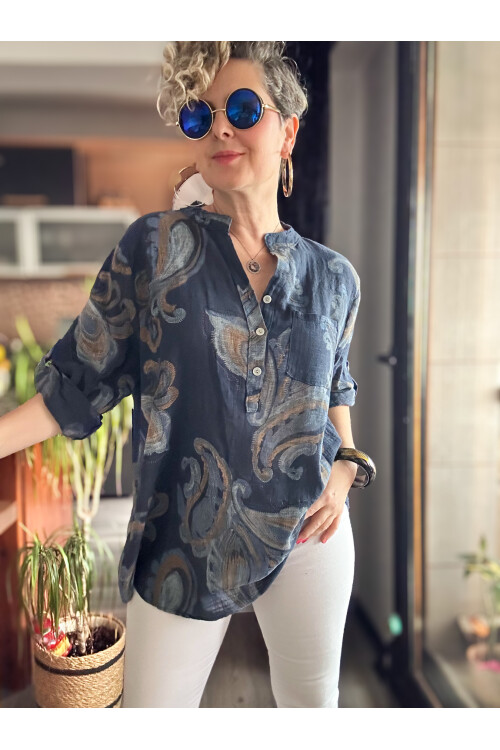 Citta Şal Yaprak Desen İtalyan Gömlek Lacivert
