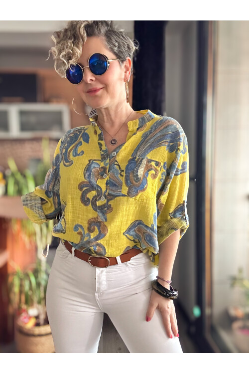 Citta Şal Yaprak Desen İtalyan Gömlek Sarı