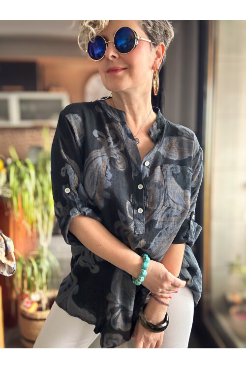 Citta Şal Yaprak Desen İtalyan Gömlek Siyah