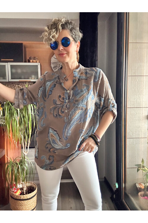 Citta Şal Yaprak Desen İtalyan Gömlek Vizon