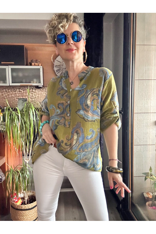 Citta Şal Yaprak Desen İtalyan Gömlek Yağ Yeşil