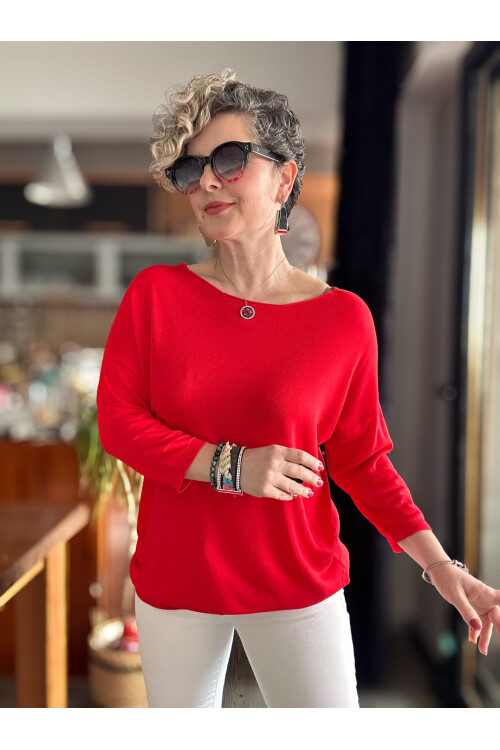Cuppa Yuvarlak Yaka Mevsimlik Kırmızı Basic Triko