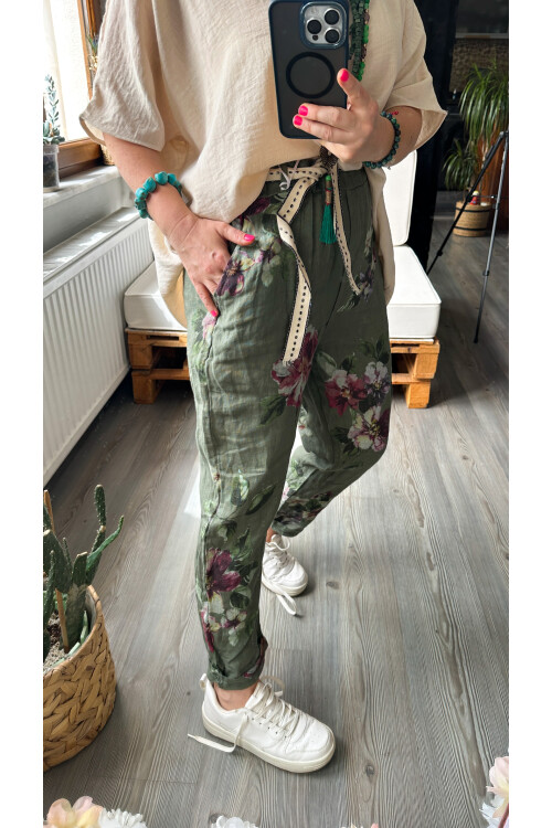 Delli İtalyan Çiçek Desen Haki Yeşil Keten Pantolon